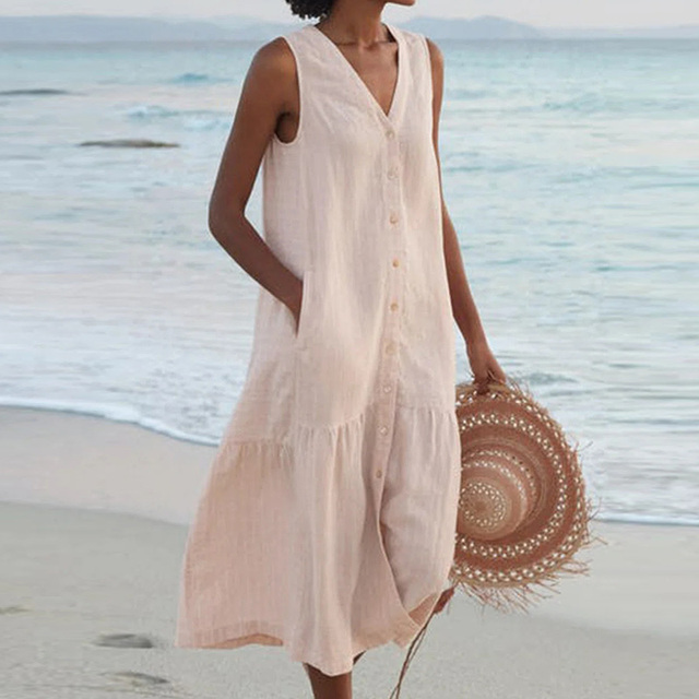 Women's sleeveless button-front midi dress with V-neck, perfect for casual summer days or beach vacations.