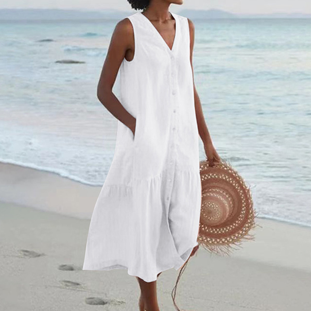 Stylish V-neck sleeveless midi dress for women, with a chic button front. Ideal for summer casual wear.