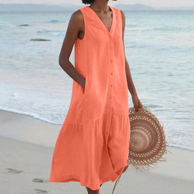Comfortable women's sleeveless button-front midi dress. A versatile V-neck casual summer staple.