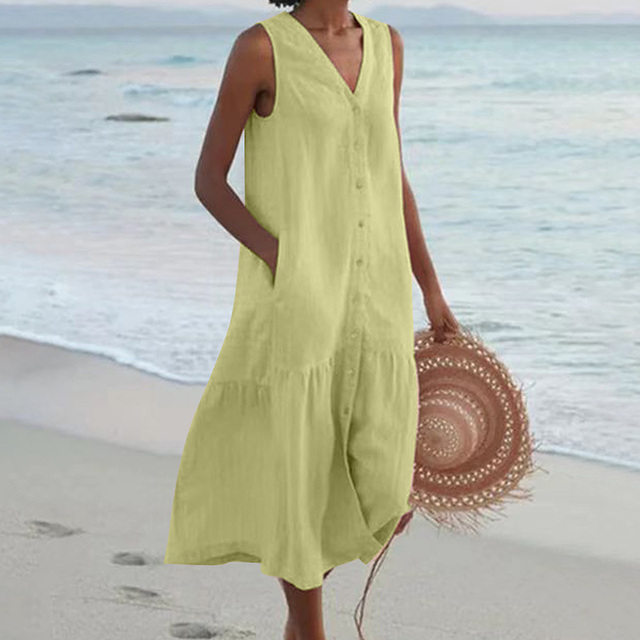 Chic women's sleeveless button-front midi dress, a relaxed fit V-neck design for summer fashion.