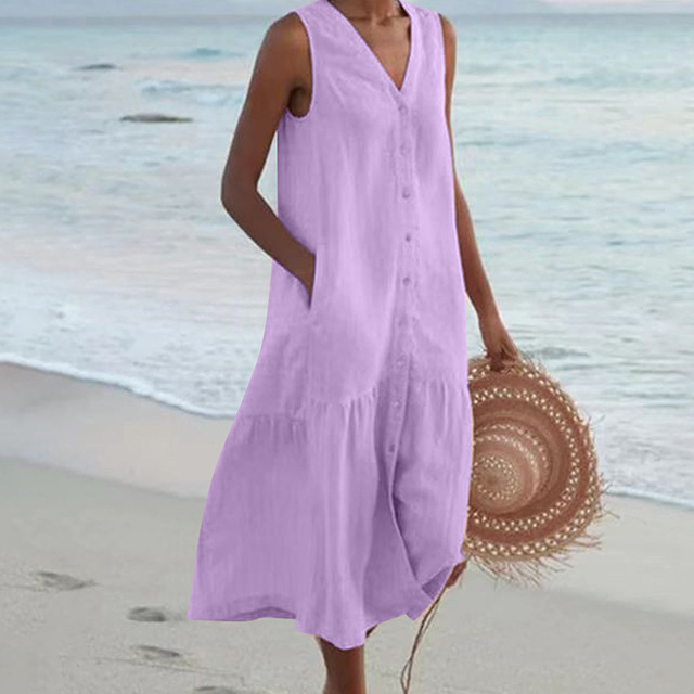 Everyday women's sleeveless midi dress with a stylish button front. Perfect casual V-neck summer outfit.
