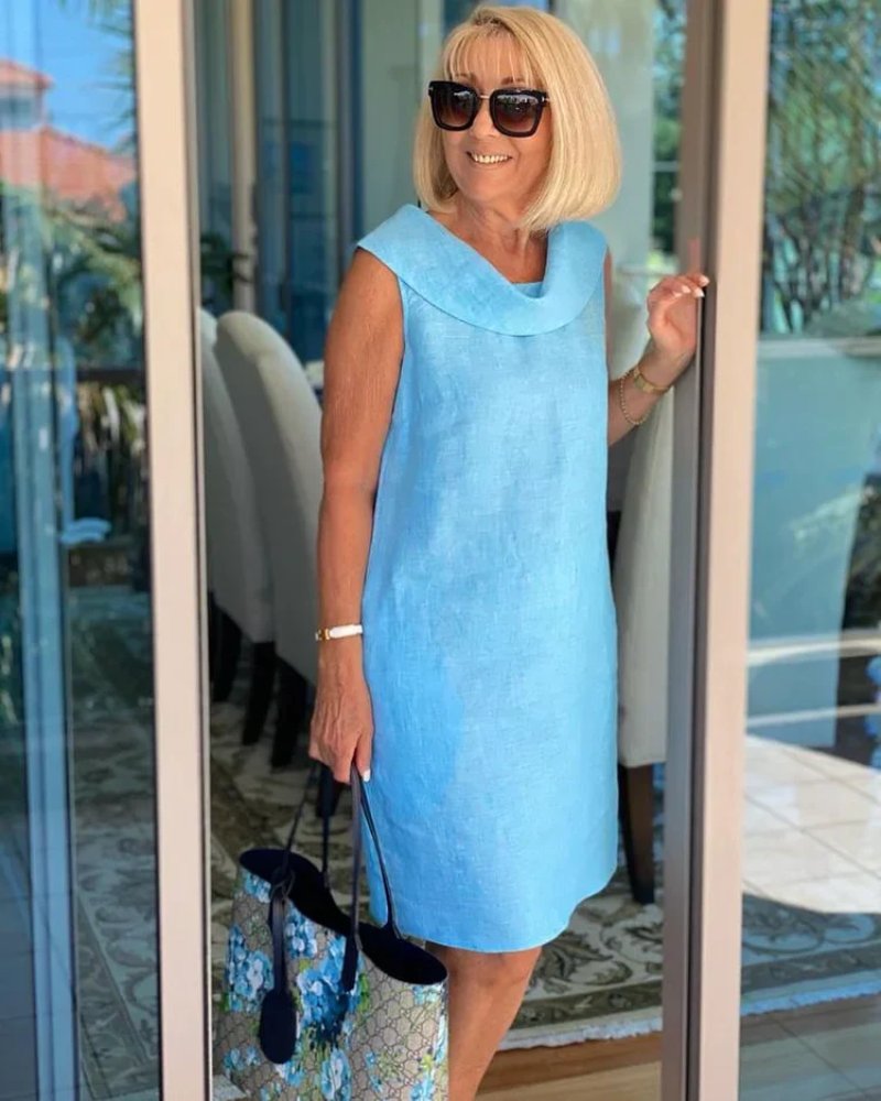 Relaxed fit women's shift dress with cowl neck & pockets. Ideal for spring, summer, and vacation daily wear.