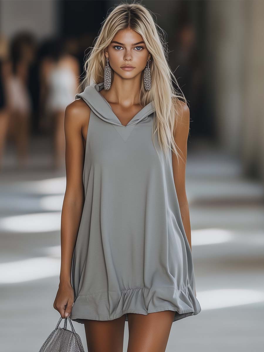 Women's sleeveless hooded swing mini dress with ruffle hem, perfect for casual summer fashion.