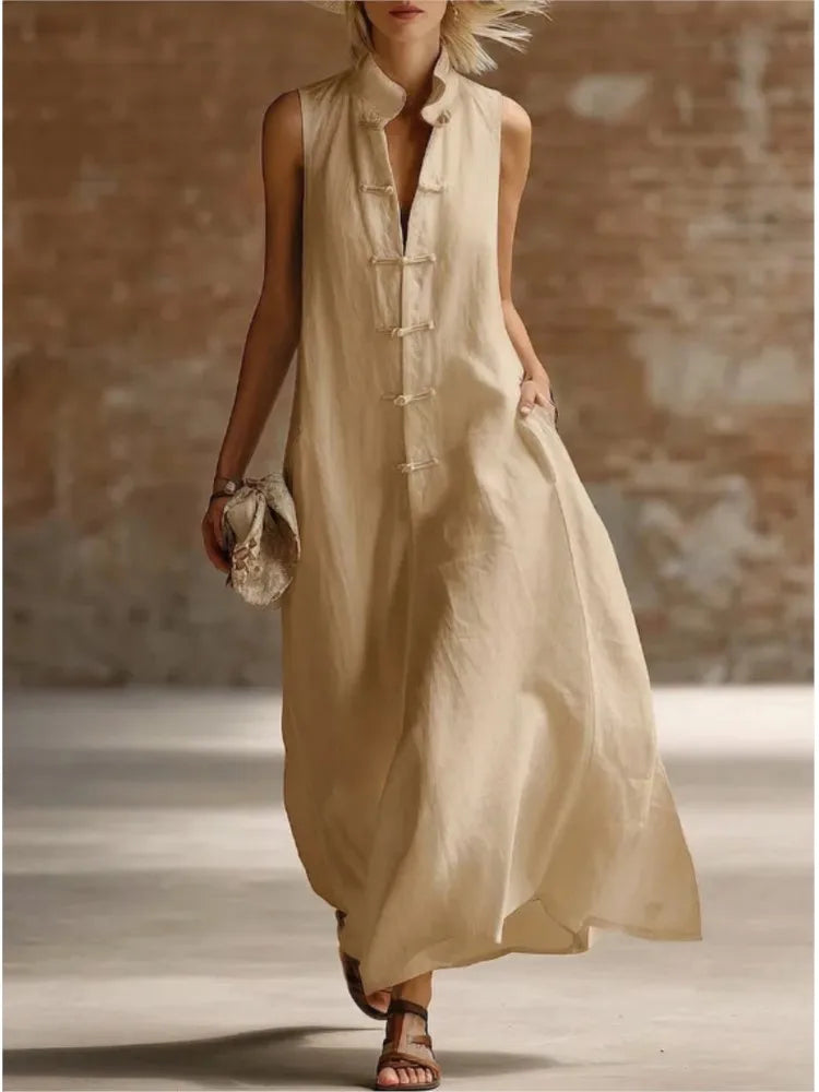 Comfortable women's sleeveless maxi dress, designed as a flowy shirt dress. Great for effortless summer style.