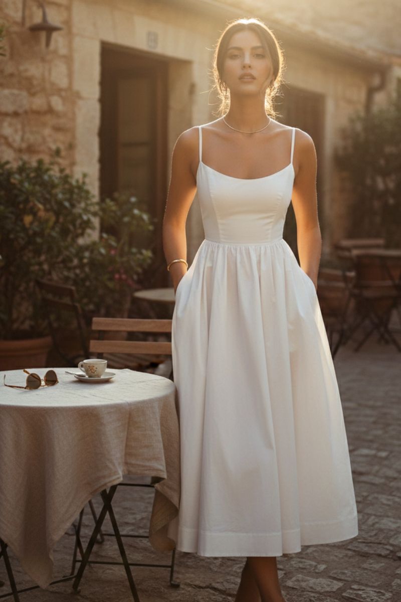 Women's sleeveless scoop neck midi cocktail dress, elegant fit & flare for parties & formal events.