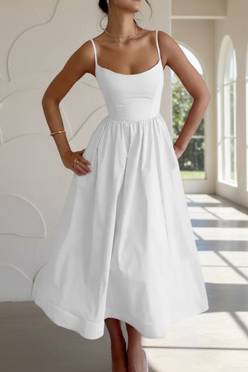 Elegant women's sleeveless scoop neck midi cocktail dress, a chic option for evening wear.