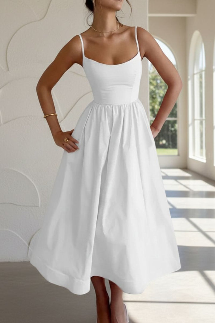 Elegant women's sleeveless scoop neck midi cocktail dress, a chic option for evening wear.