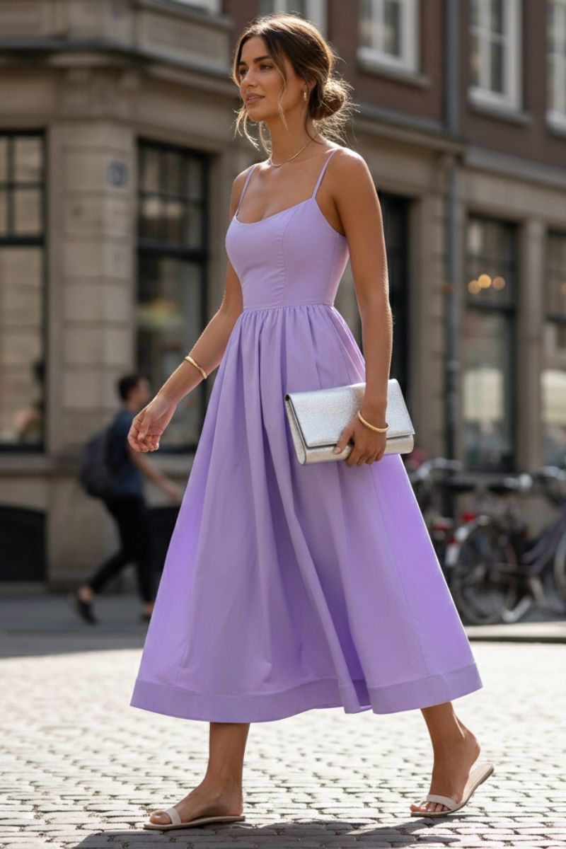 Woman wearing a flattering sleeveless scoop neck midi dress, perfect for cocktail parties.