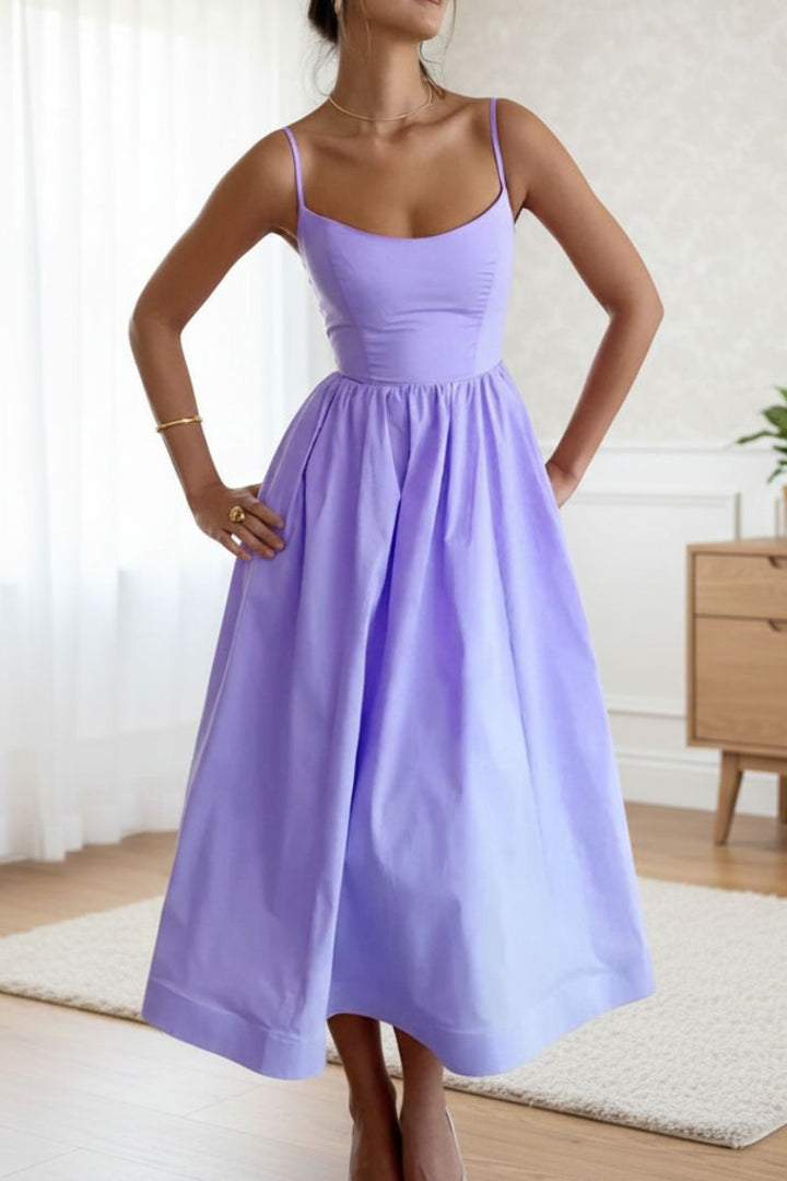 Front view of a women's midi fit and flare dress with sleeveless scoop neck, ideal for formal occasions.
