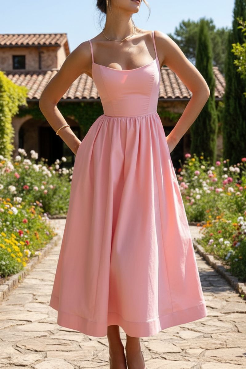 Detail of women's scoop neck sleeveless midi cocktail dress, showcasing elegant fabric and fit.