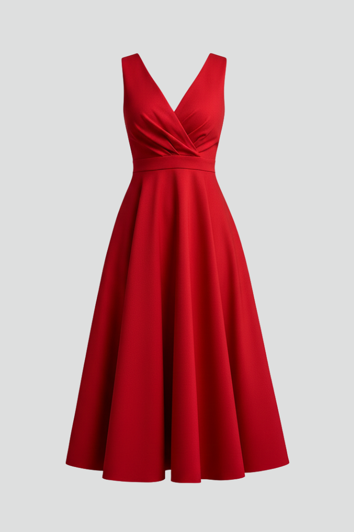 Women's sleeveless V-neck A-line midi dress. Elegant & versatile, perfect for summer, spring, formal or casual.