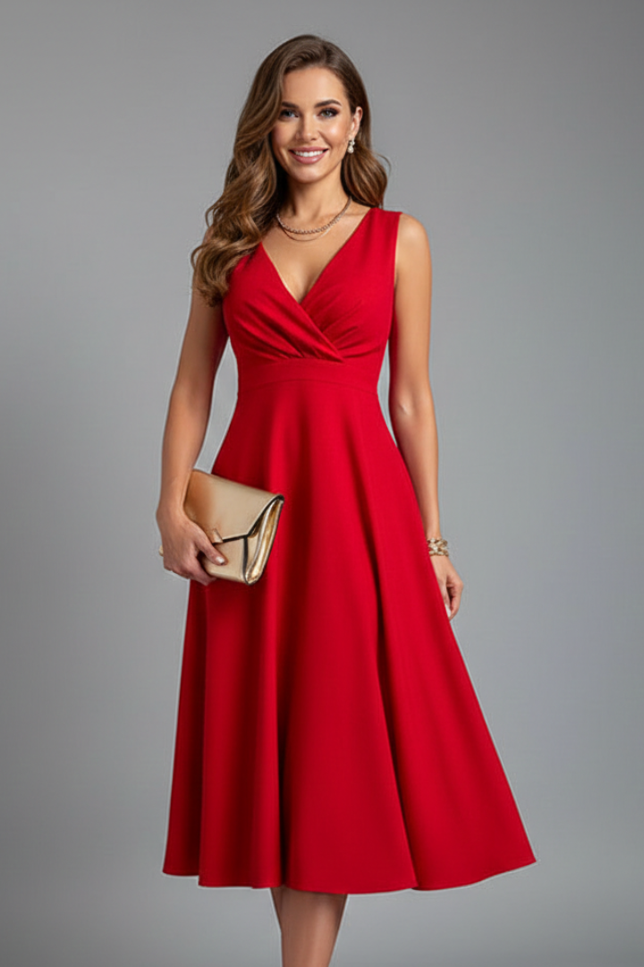 Elegant women's A-line midi dress with V-neck & sleeveless design. Chic for spring, summer, formal, or casual wear.