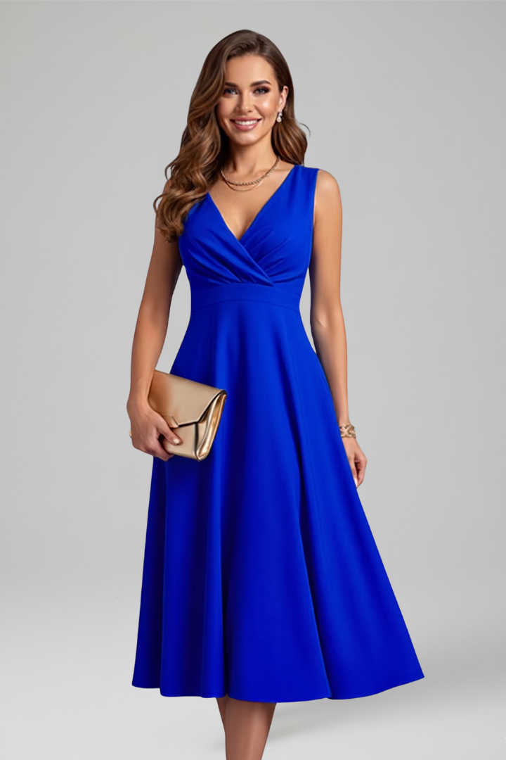 Chic women's sleeveless V-neck A-line midi dress. Elegant design with back zip, perfect for versatile spring/summer style.