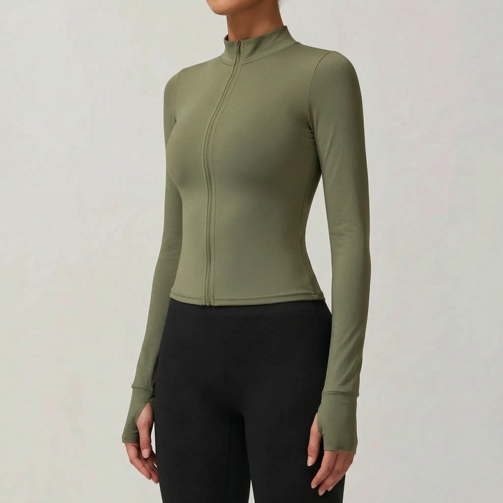 Stylish slim-fit women's workout jacket, comfortable for active sports, gym & daily wear.