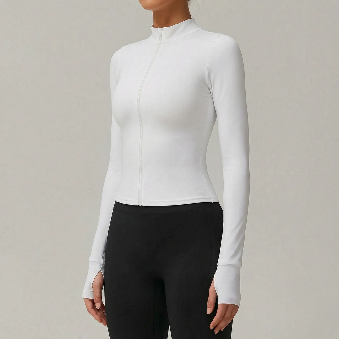 Women's slim-fit zip-up sports jacket, essential activewear for running, gym & outdoor activities.