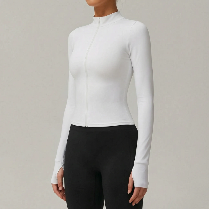 Women's slim-fit zip-up sports jacket, essential activewear for running, gym & outdoor activities.