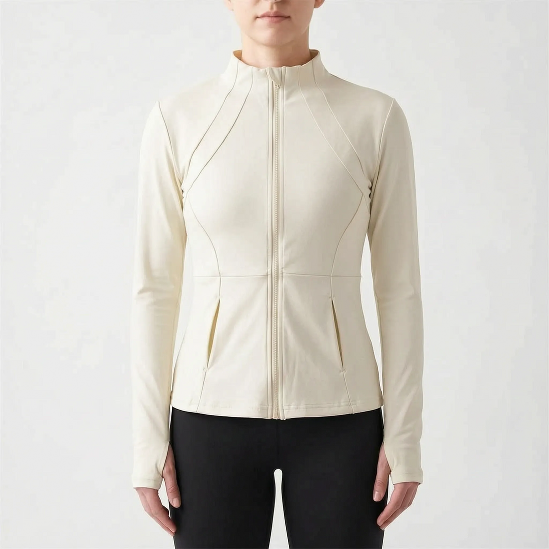 Slim-fit women's running jacket, breathable & comfortable fitness apparel for active women.