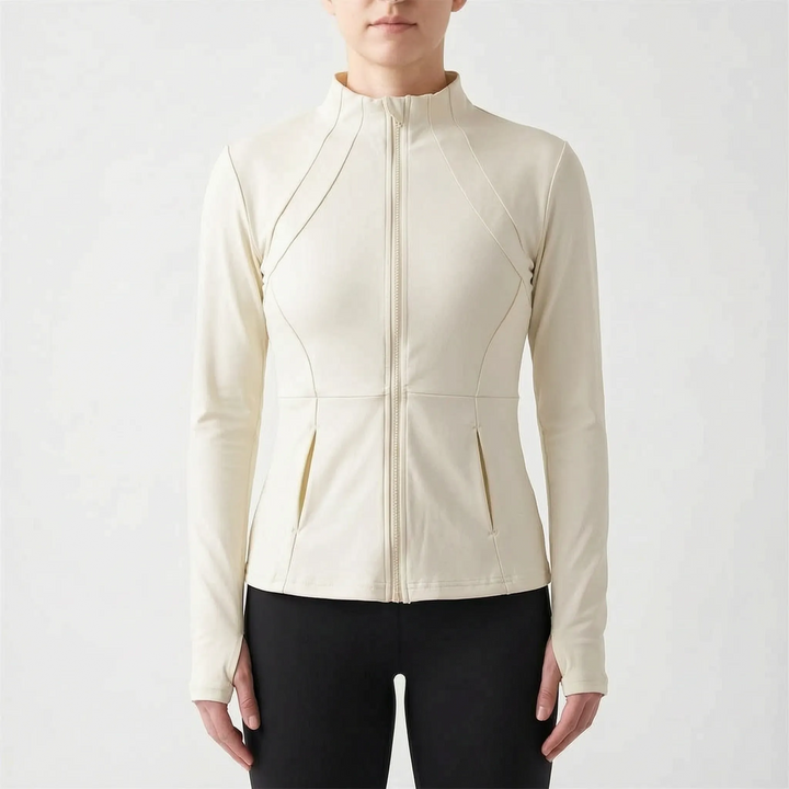 Slim-fit women's running jacket, breathable & comfortable fitness apparel for active women.