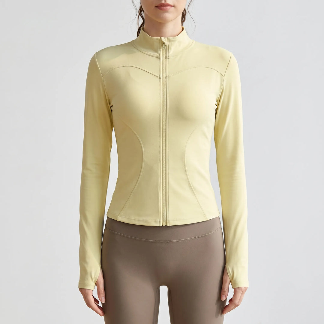 Lightweight women's workout jacket for running & fitness. Slim-fit activewear top, comfortable outer layer.