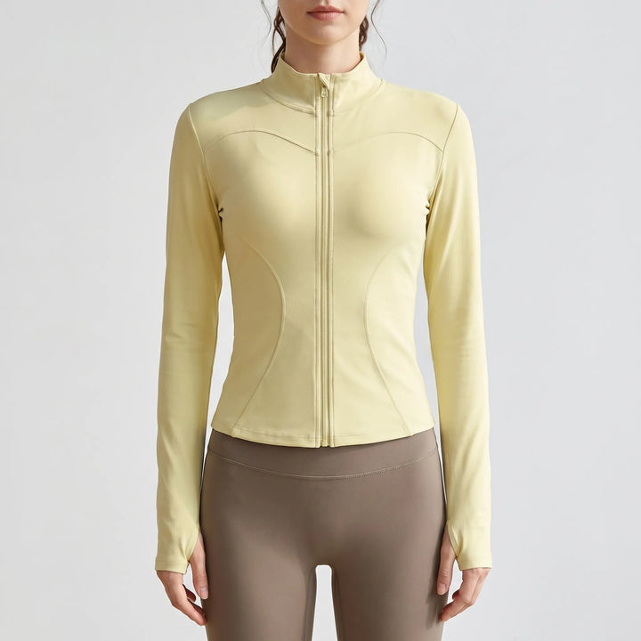 Lightweight women's workout jacket for running & fitness. Slim-fit activewear top, comfortable outer layer.