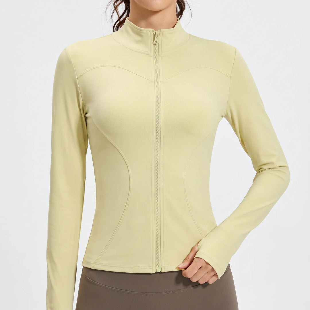 Long sleeve women's sport jacket with a flattering slim fit, essential fitness apparel for active women.