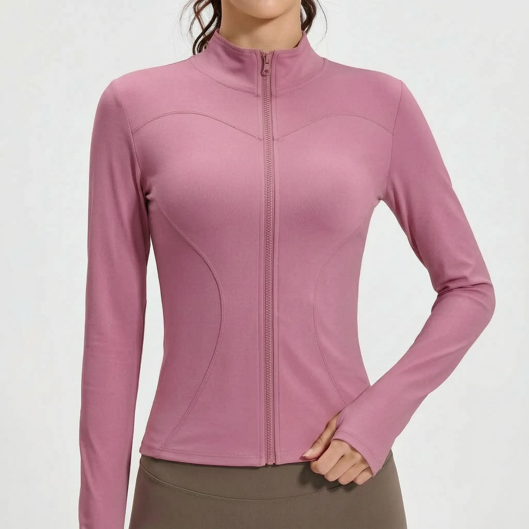 Women's slim-fit yoga wear jacket, a long sleeve fitness apparel top for dynamic workouts and outdoor activities.