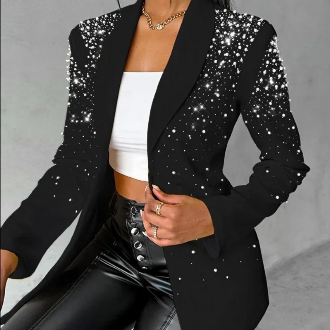Elegant long sleeve women's tailored blazer, slim fit with subtle pearl accents, ideal for party outfits & formal events.