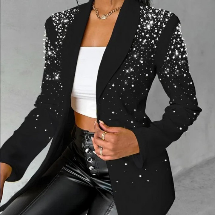 Elegant long sleeve women's tailored blazer, slim fit with subtle pearl accents, ideal for party outfits & formal events.