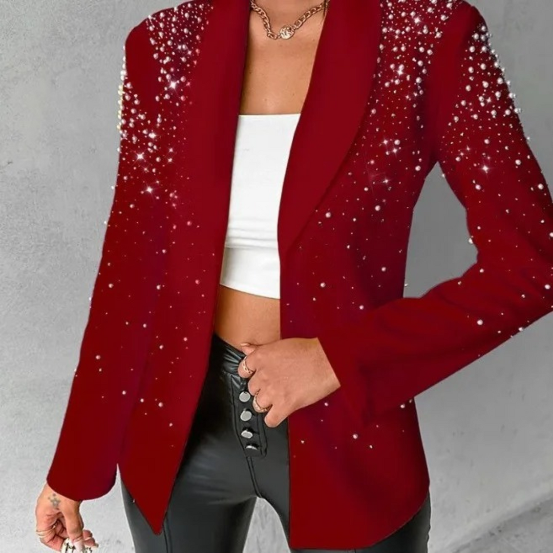 Ladies fashion outerwear: sophisticated slim fit blazer featuring delicate pearl details. A chic addition for business or parties.
