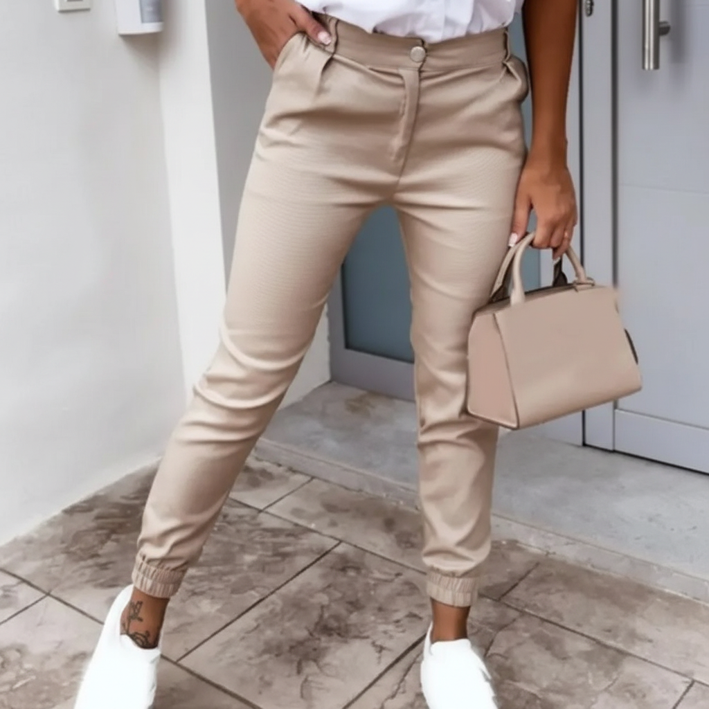 Model wearing sophisticated women's slim fit Brigitte trousers, showcasing their flattering silhouette.
