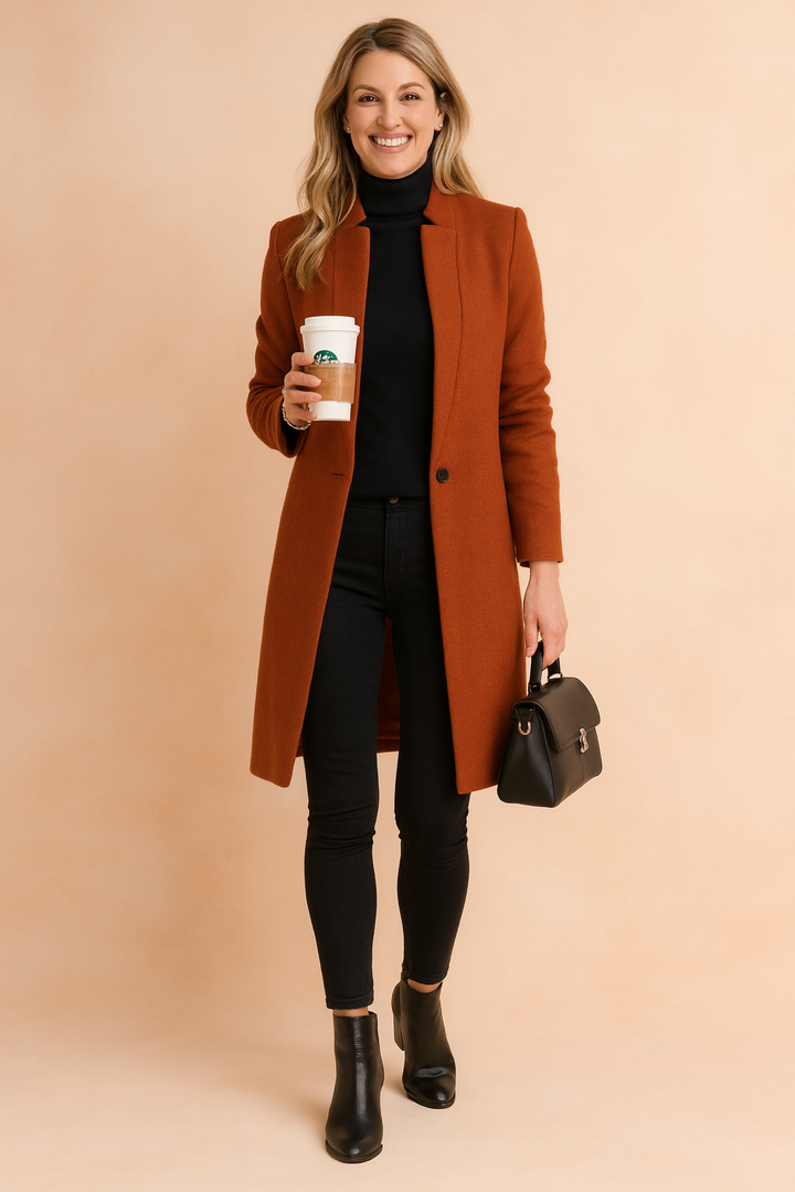 Elegant women's slim fit tailored winter coat. Versatile outerwear for work, business casual, or fall fashion.