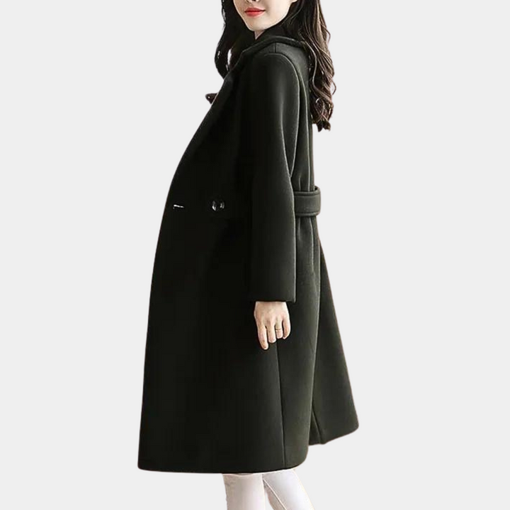 Sophisticated women's slim fit tailored long coat, featuring a chic belt for a flattering silhouette.