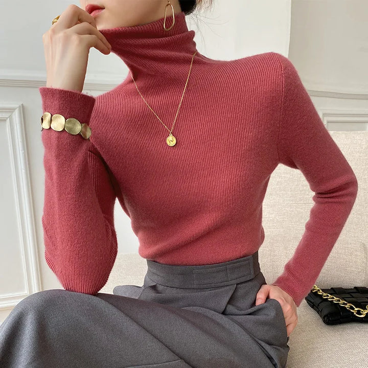 Versatile women's long sleeve turtleneck for elegant layering or casual winter wear.