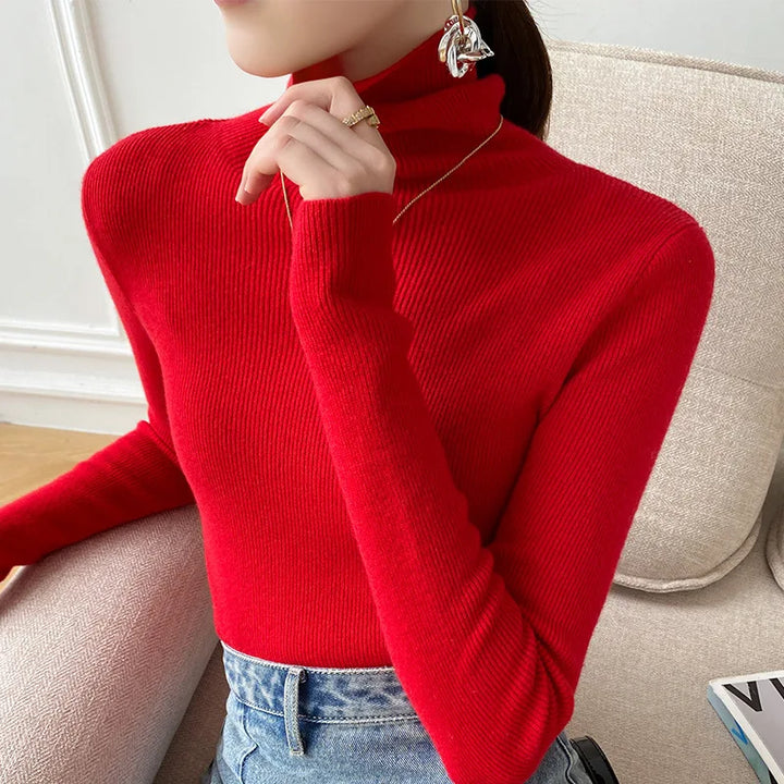 Stylish women's turtleneck, a sleek layering top for smart casual outfits and winter warmth.