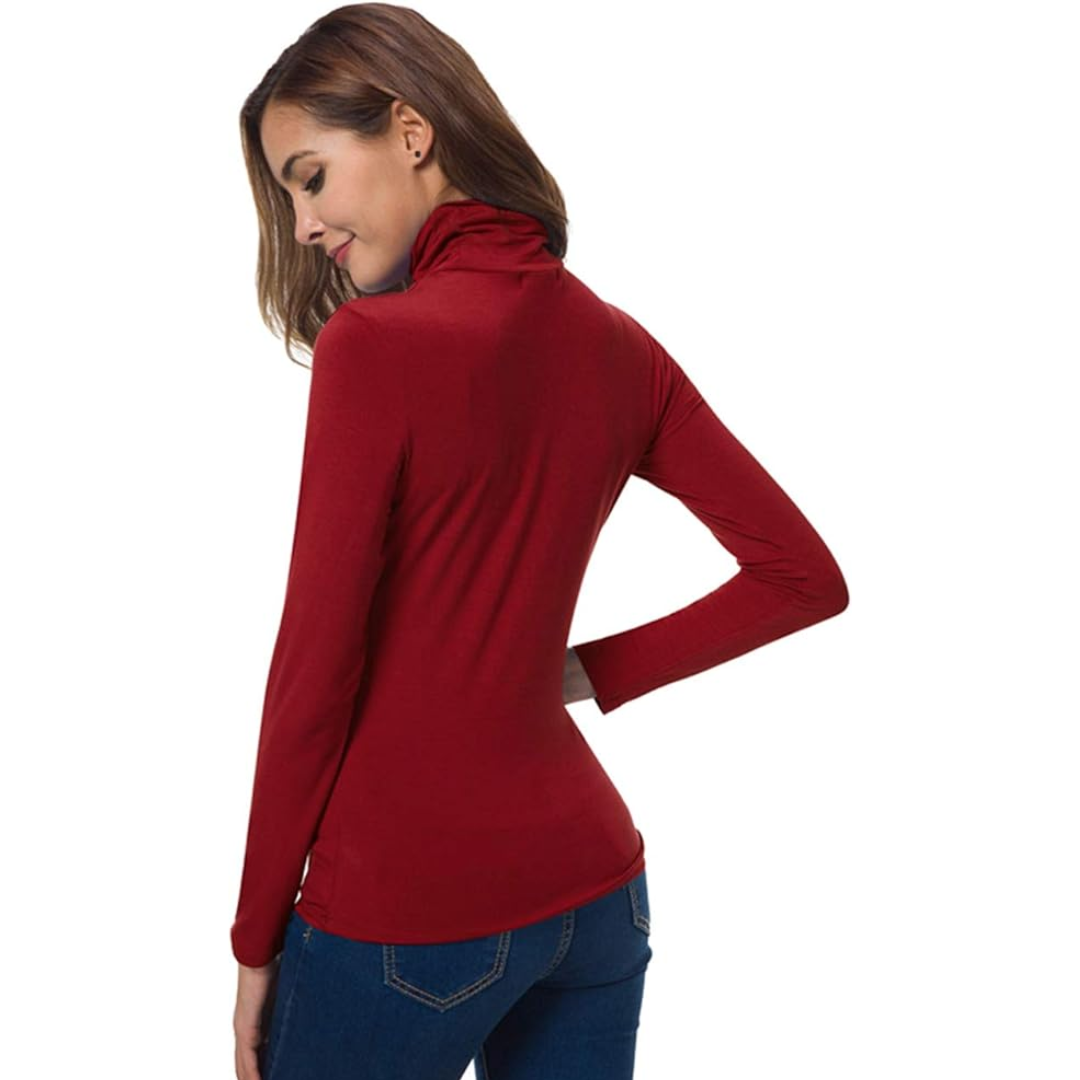 Women's slim fit turtleneck top in black, a versatile long sleeve layering basic.
