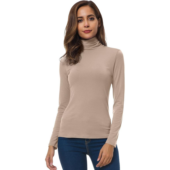 Black slim fit women's top with long sleeves and a high turtleneck collar.