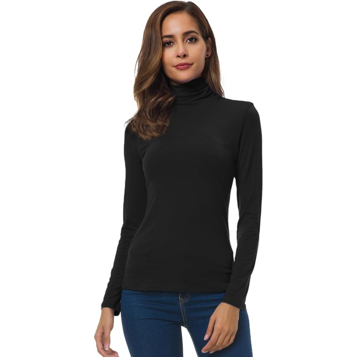 Close-up of the cuff on a slim fit women's long sleeve turtleneck shirt.