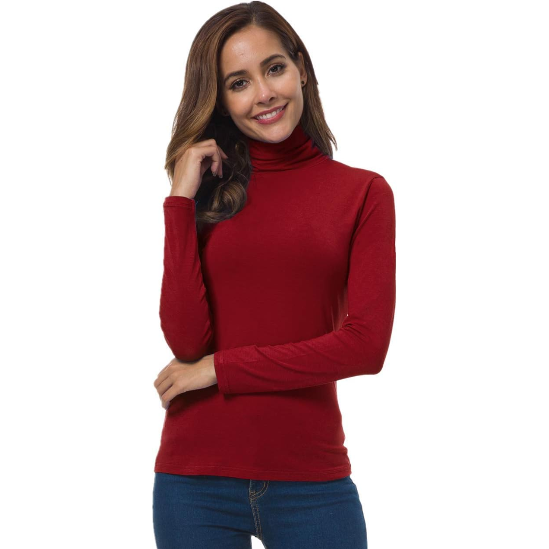 Close-up of the fabric texture of a black slim fit women's long sleeve turtleneck.