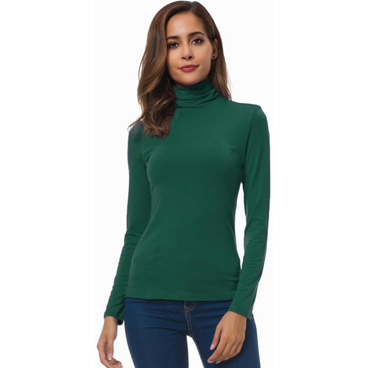 Model showcasing a comfortable and breathable women's slim fit turtleneck.