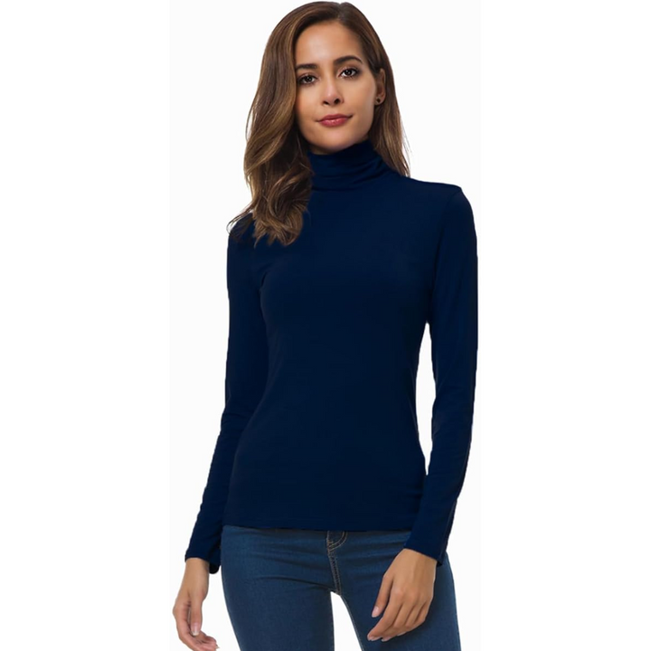 Front view of a Petra slim fit women's turtleneck top in a neutral color.