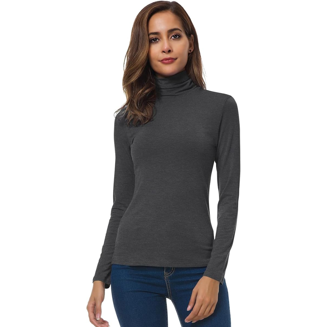 Side profile of a woman in a stylish slim fit long sleeve turtleneck, casual wear.