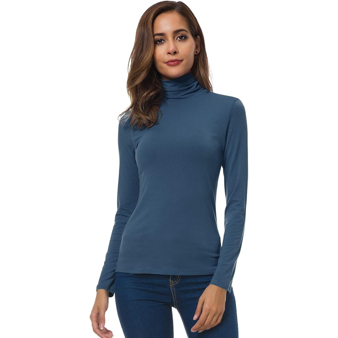 Detail of the turtleneck collar on a women's basic slim fit top.