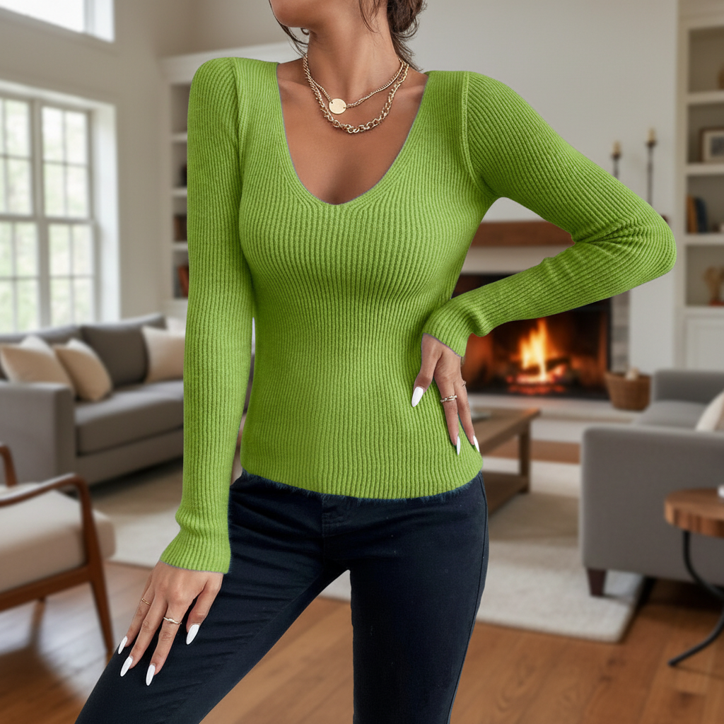 Women's slim fit V-neck knit sweater in fall fashion, perfect for casual winter wear
