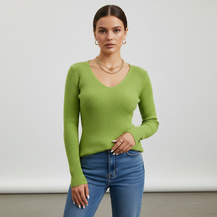 Veronika slim fit V-neck knit sweater for women, comfortable acrylic pullover style