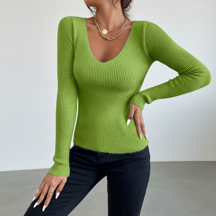 Women's casual fall fashion V-neck knit sweater, a chic slim fit pullover design