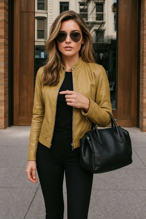 Stylish women's long sleeve slim fit jacket. Zip-up design with mandarin collar for smart casual wear.