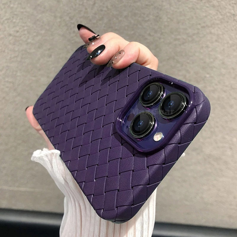 Women's slim woven texture iPhone case. Durable TPU silicone offers stylish phone protection & wireless charging.