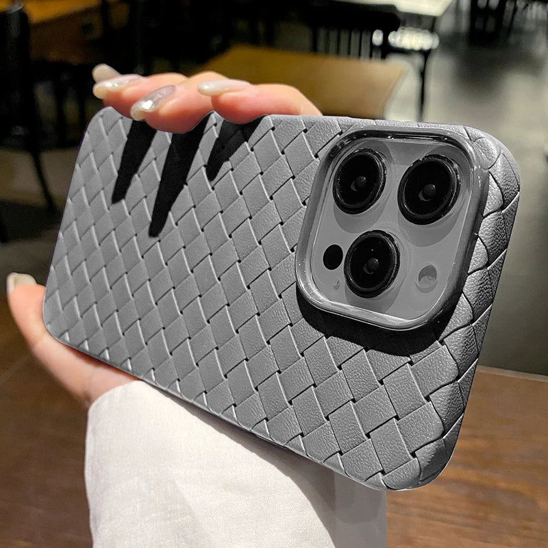 Chic women's iPhone case with a distinct woven pattern. Durable, supports wireless charging, and offers great protection.