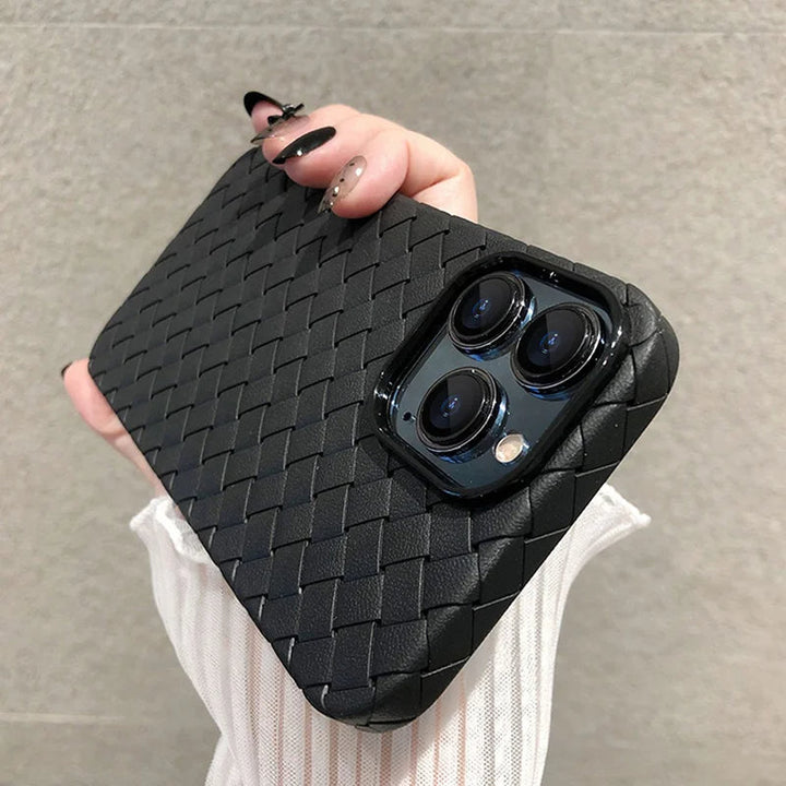 Stylish anti-slip women's iPhone case with a chic woven texture. Durable & scratch-resistant for daily protection.