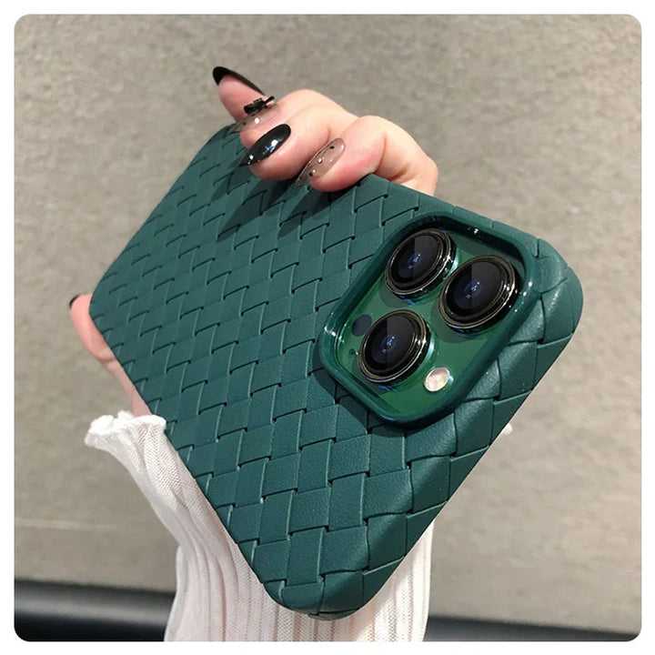 Durable women's iPhone case featuring a unique woven texture. Slim, protective, and supports wireless charging.